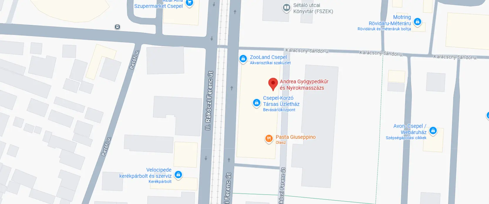 Térkép, hogy hol helyezkedik el a szalon. Szalon címe: 1211 Budapest, II. Rákóczi Ferenc út 142. Korzó Üzletház - Andrea Gyógypedikűr